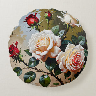 Pretty pink white and red roses oil painting round cushion