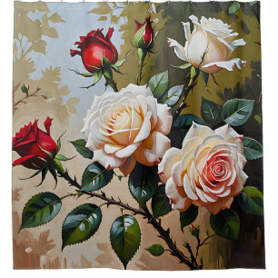 Pretty pink white and red roses oil painting shower curtain