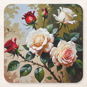 Pretty pink white and red roses oil painting square paper coaster