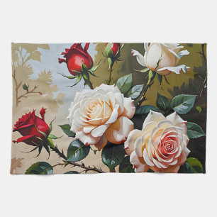 Pretty pink white and red roses oil painting tea towel