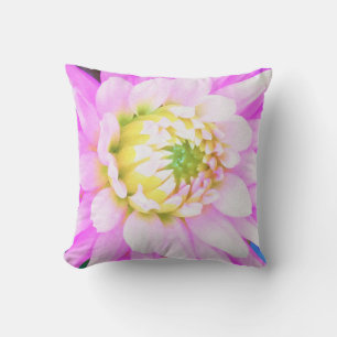 Pretty Pink, White and Yellow Cactus Dahlia Macro Cushion