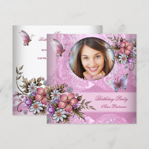 Pretty Pink White Butterfly Flowers Birthday Party Invitation
