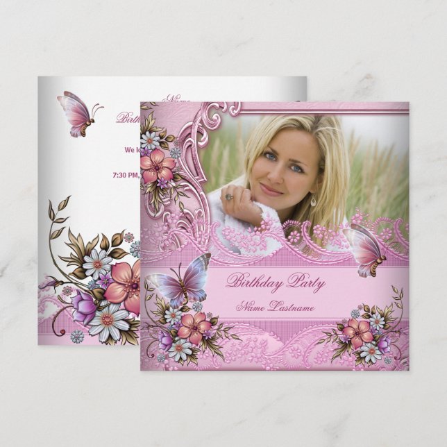 Pretty Pink White Butterfly Flowers Birthday Party Invitation (Front/Back)