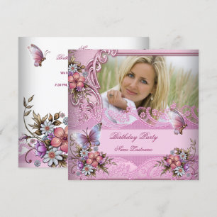 Pretty Pink White Butterfly Flowers Birthday Party Invitation