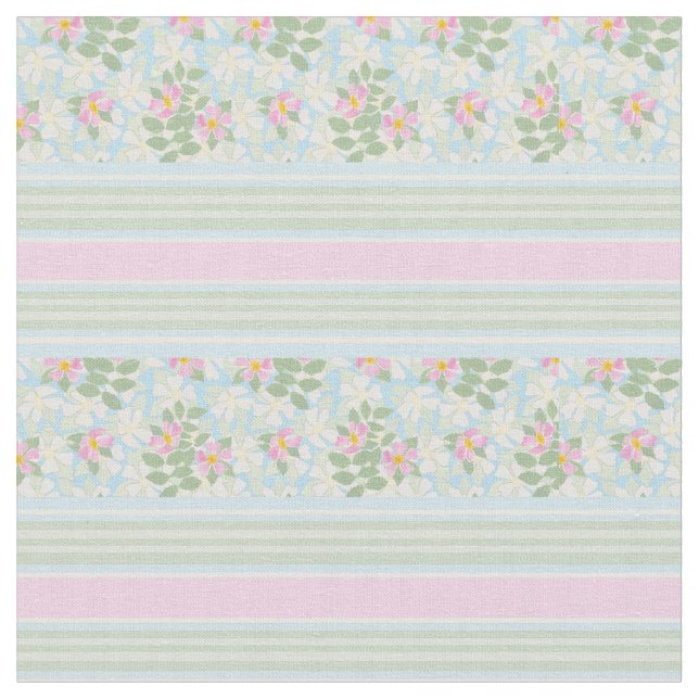 Pretty Pink White Dog Roses on Blue Striped Fabric (Close Up)