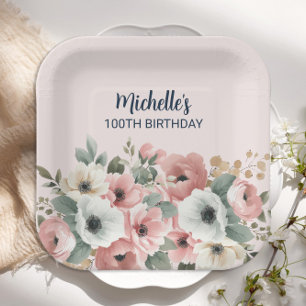 Pretty Pink White Floral 100th Birthday  Paper Plate