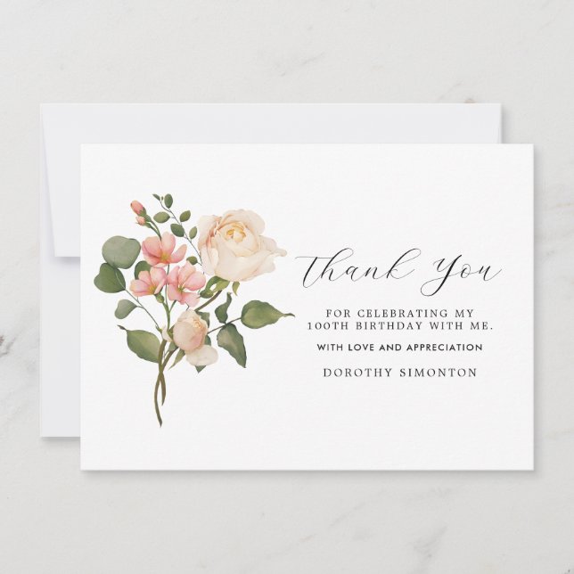 Pretty Pink White Floral 100th Birthday Thank You (Front)