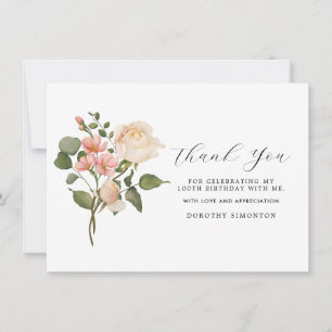Pretty Pink White Floral 100th Birthday Thank You