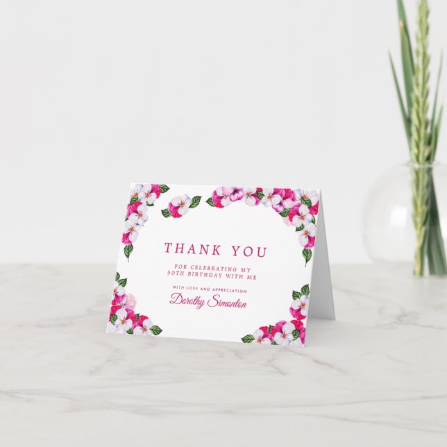 Pretty Pink White Floral 50th Birthday Thank You Card (Front)