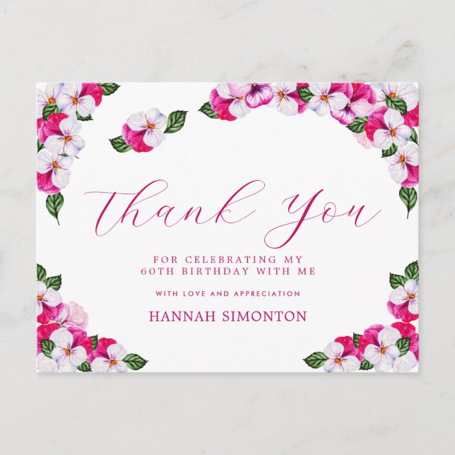 Pretty Pink White Floral 60th Birthday Thank You Postcard (Front)