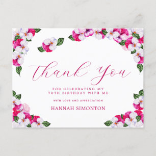 Pretty Pink White Floral 70th Birthday Thank You Postcard