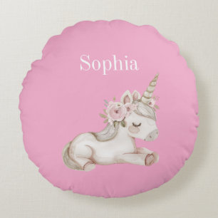 Pretty Pink White Floral Unicorn Round Cushion