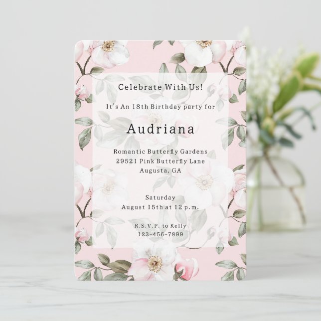 Pretty Pink White Flowers Birthday   Invitation (Standing Front)