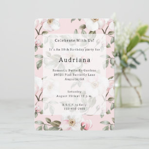 Pretty Pink White Flowers Birthday   Invitation