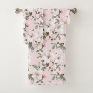Pretty Pink White Flowers Bridal Shower Bath Towel Set