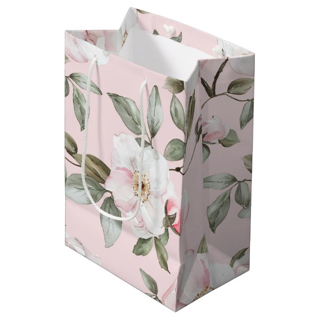 Pretty Pink White Flowers Bridal Shower Medium Gift Bag (Front Angled)