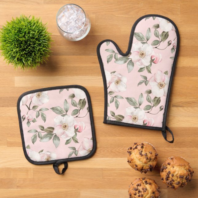 Pretty Pink White Flowers Bridal Shower Oven Mitt & Pot Holder Set (Top Down)