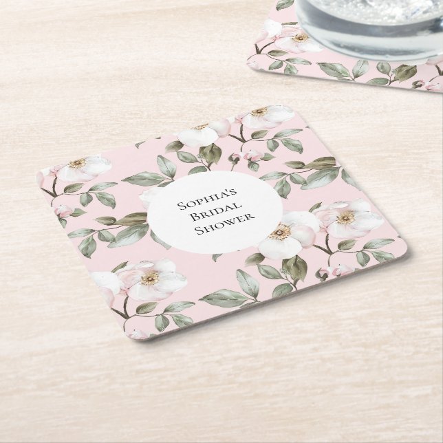 Pretty Pink White Flowers Bridal Shower Square Paper Coaster (Angled)
