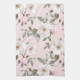 Pretty Pink White Flowers Bridal Shower Tea Towel