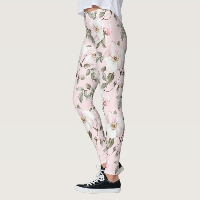 Pretty Pink White Flowers   Leggings (Left)