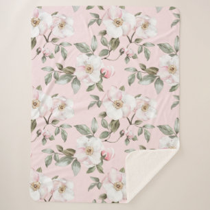 Pretty Pink White Flowers Sherpa Blanket
