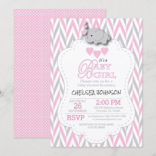 Pretty Pink, White Grey Elephant Baby Shower 2 Invitation