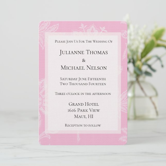 Pretty Pink White Lace Floral Romantic Wedding Invitation (Standing Front)