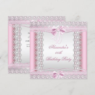 Pretty Pink White Pearls Lace Bow Birthday Party Invitation