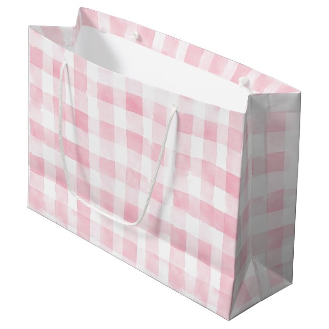 Pretty Pink White Plaid Stripes Bridal Shower Large Gift Bag (Front Angled)