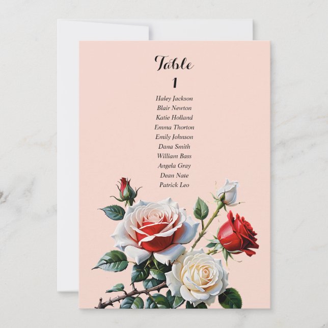 Pretty pink white red rose seating chart card (Front)