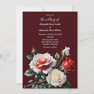Pretty pink white red roses dark floral wedding invitation