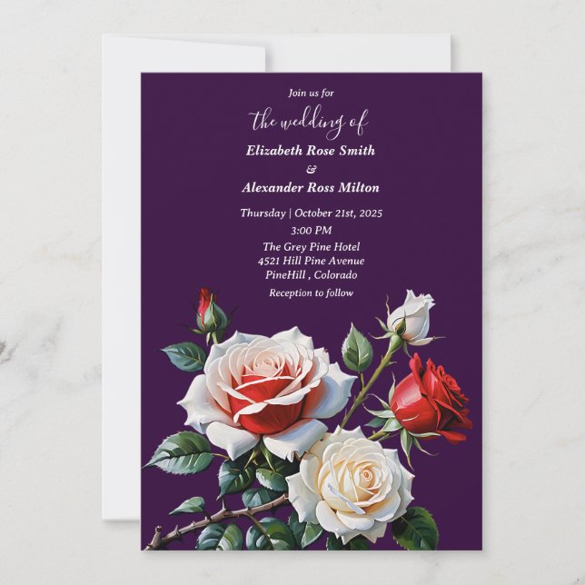 Pretty pink white red roses dark floral wedding invitation (Front)