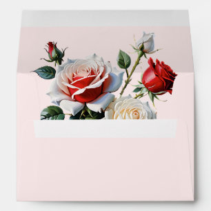 Pretty pink white red roses floral wedding envelope