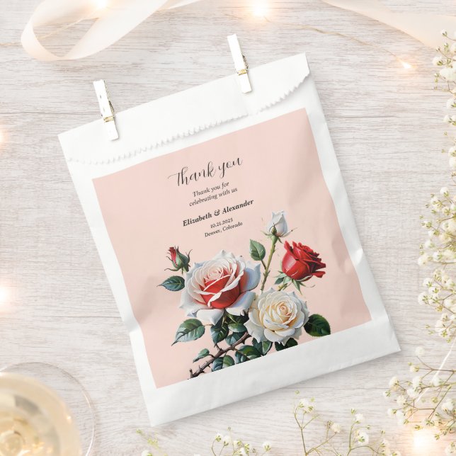 Pretty pink white red roses floral wedding favour bags (Clipped)