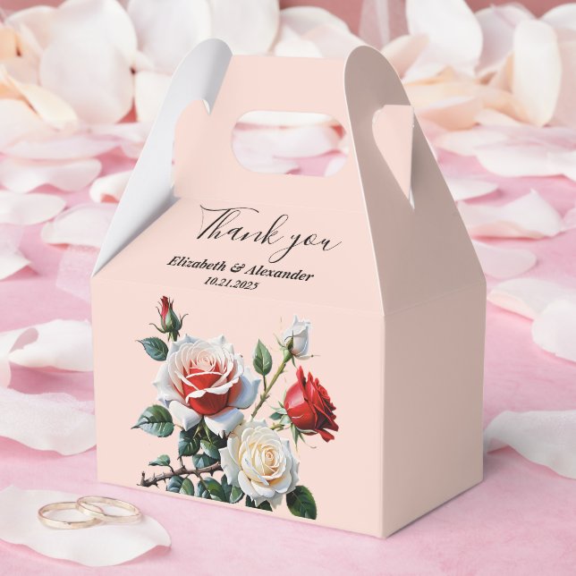 Pretty pink white red roses floral wedding favour box (Wedding)