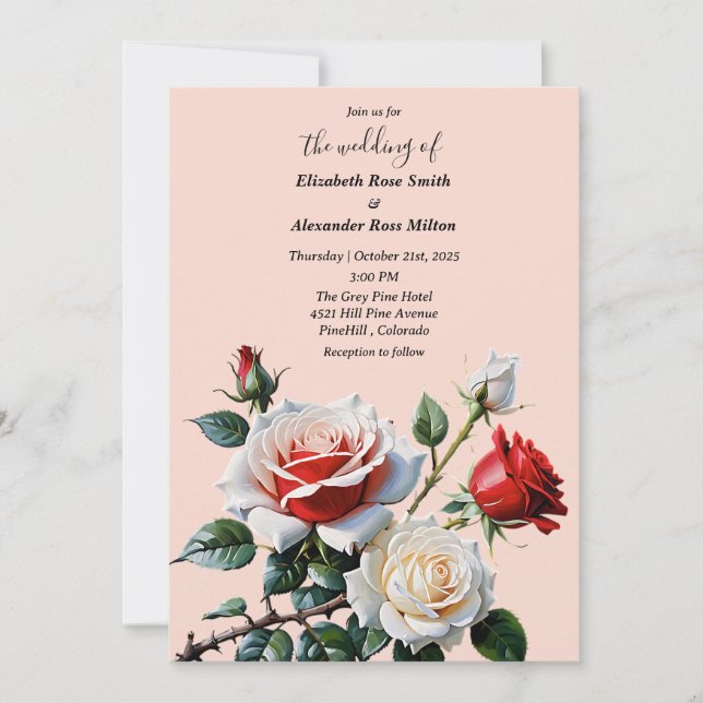 Pretty pink white red roses floral wedding invitation (Front)
