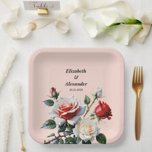 Pretty pink white red roses floral wedding paper plate
