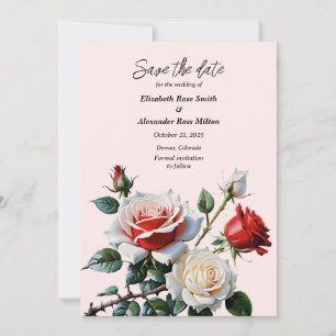 Pretty pink white red roses floral wedding save the date