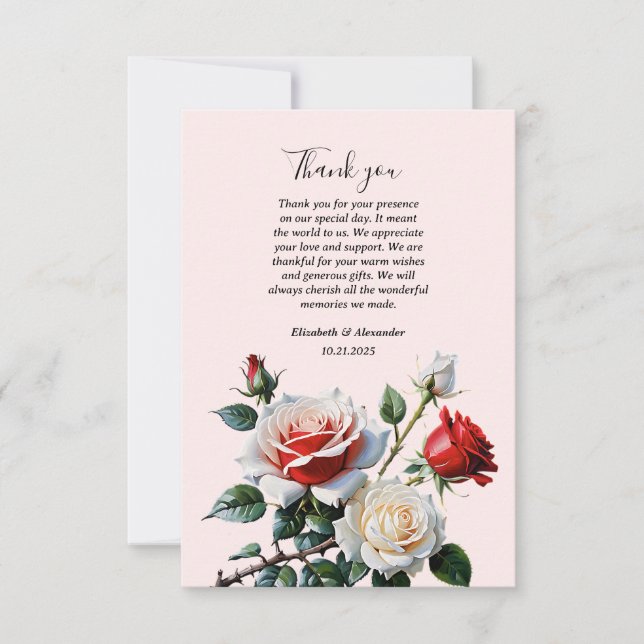 Pretty pink white red roses floral wedding  thank you card (Front)