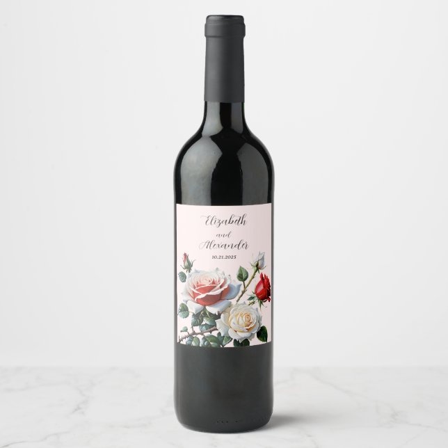 Pretty pink white red roses floral wedding  wine label (Front)