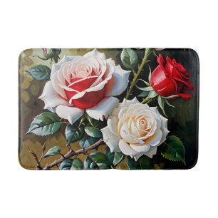 Pretty pink white red roses oil painting bath mat
