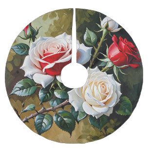Pretty pink white red roses oil painting brushed polyester tree skirt