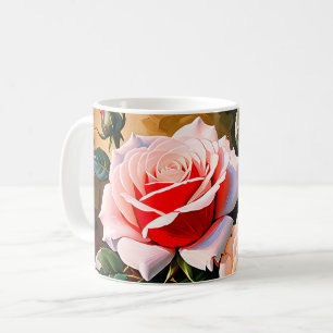 Pretty pink white red roses oil painting coffee mug