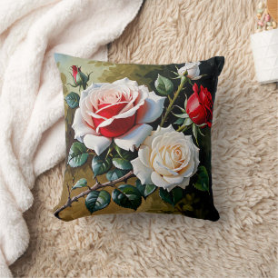 Pretty pink white red roses oil painting cushion