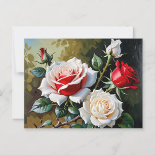Pretty pink white red roses oil painting postcard