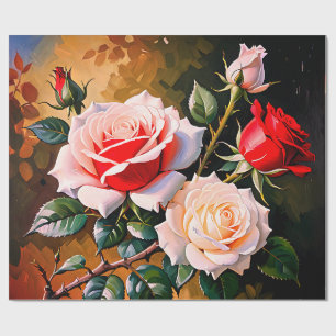 Pretty pink white red roses oil painting wrapping paper