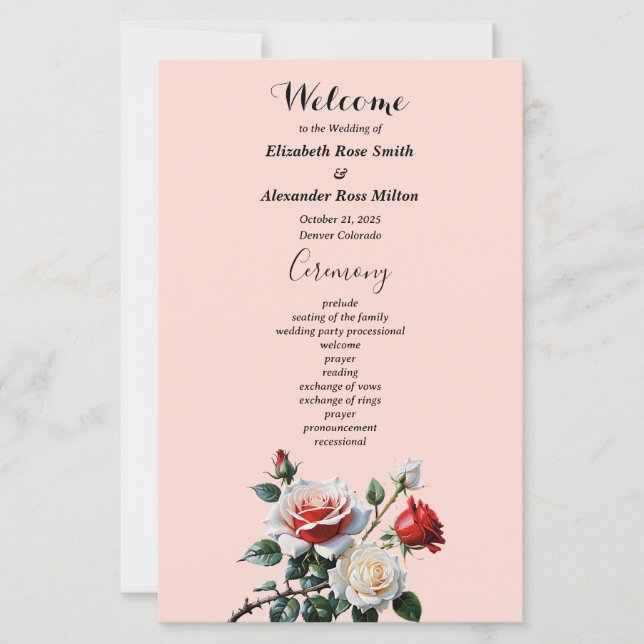 Pretty pink white red roses wedding program (Front)