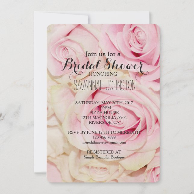 Pretty Pink White Roses bridal shower Invitation (Front)