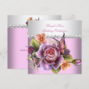 Pretty Pink White Roses Butterfly Birthday Party Invitation