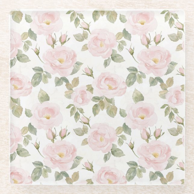 Pretty Pink White Roses Floral Bridal Shower Glass Coaster (Front)